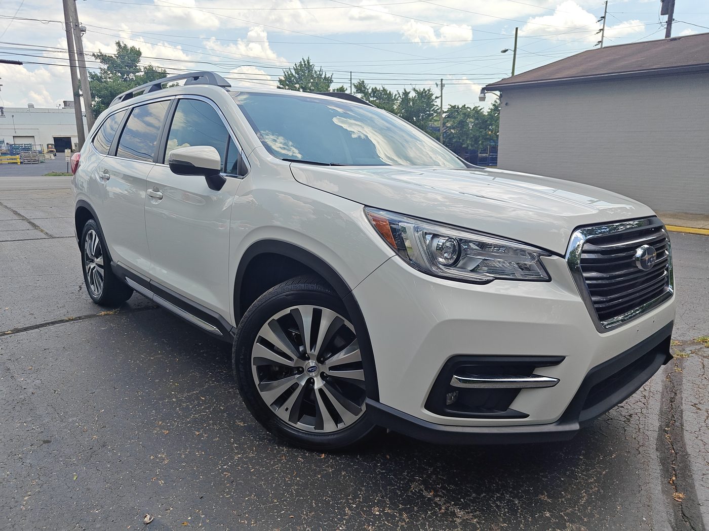 White Subaru Ascent front three quarter view after detailing