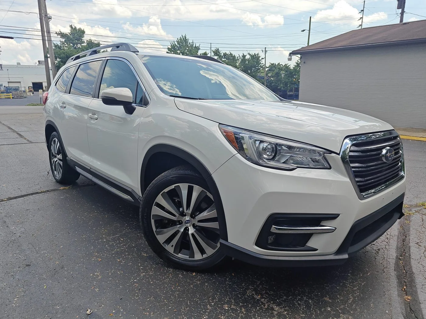White Subaru Ascent front three quarter view after detailing